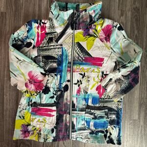 Onque Casual Paris Eiffel Tower Floral Full Zip Jacket Women’s Size Large L